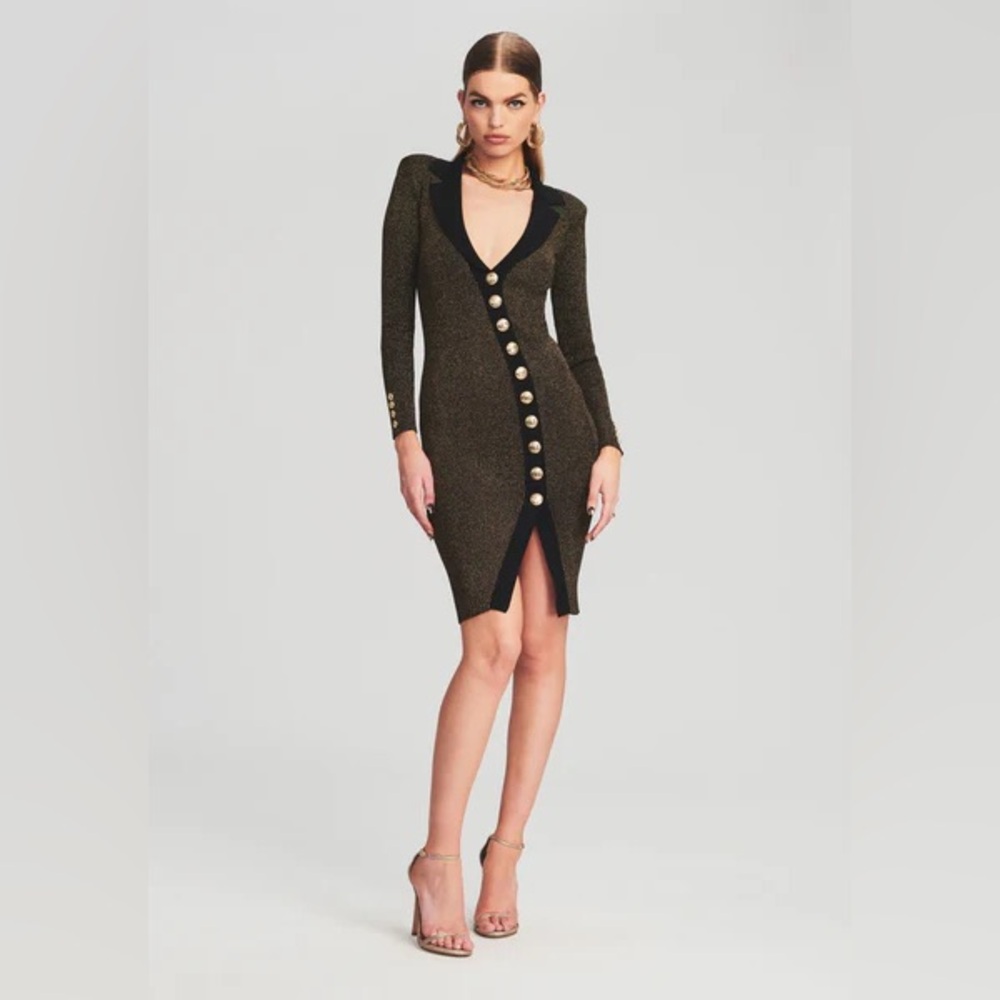 Retrofete Cassidy Metallic Gold Button Down Bandage Dress